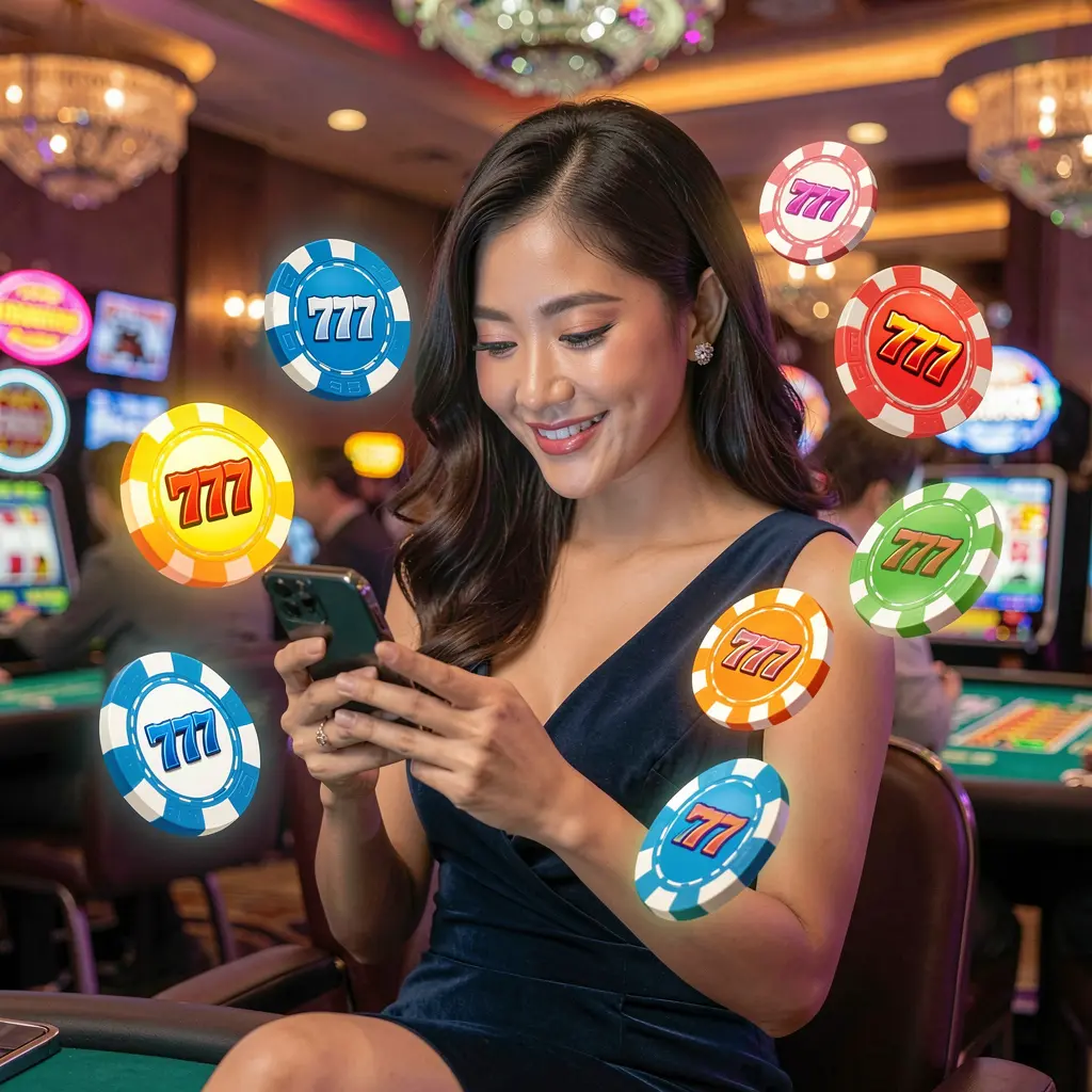 116X Casino App – Enjoy exciting casino games anytime on your smartphone Happy Indonesian woman using the 116X casino app on her smartphone with glowing poker chips and 777 slot symbols around her
