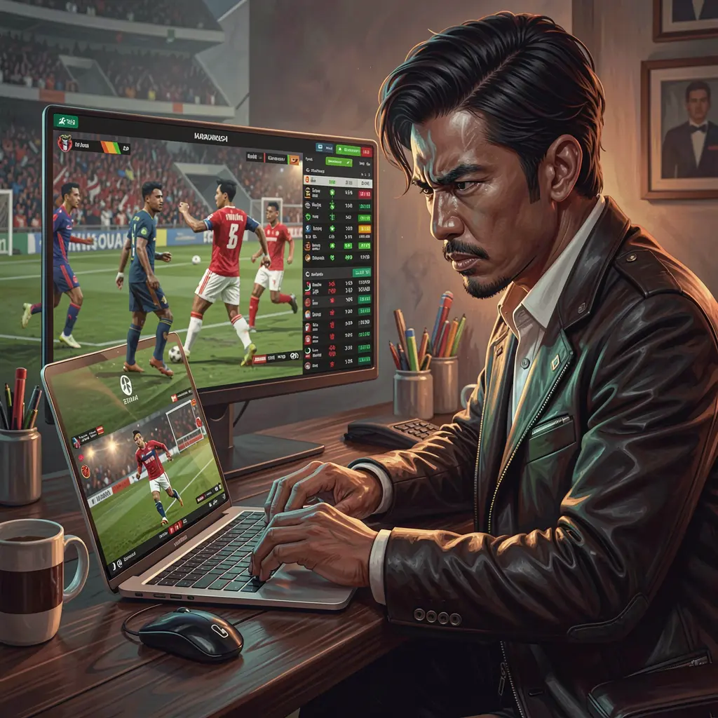 116X Bet – Advanced sports betting tools designed for serious bettors in Indonesia Focused Indonesian bettor analyzing live football odds and match statistics on the 116X betting platform during an intense game moment