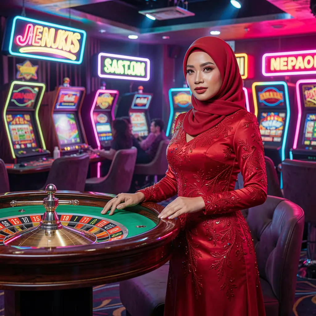 116X – Experience the thrill of live casino games in Indonesia Elegant woman in a stunning red dress standing near a glowing roulette table inside a vibrant casino atmosphere at 116X, showcasing the excitement of live casino games in Indonesia