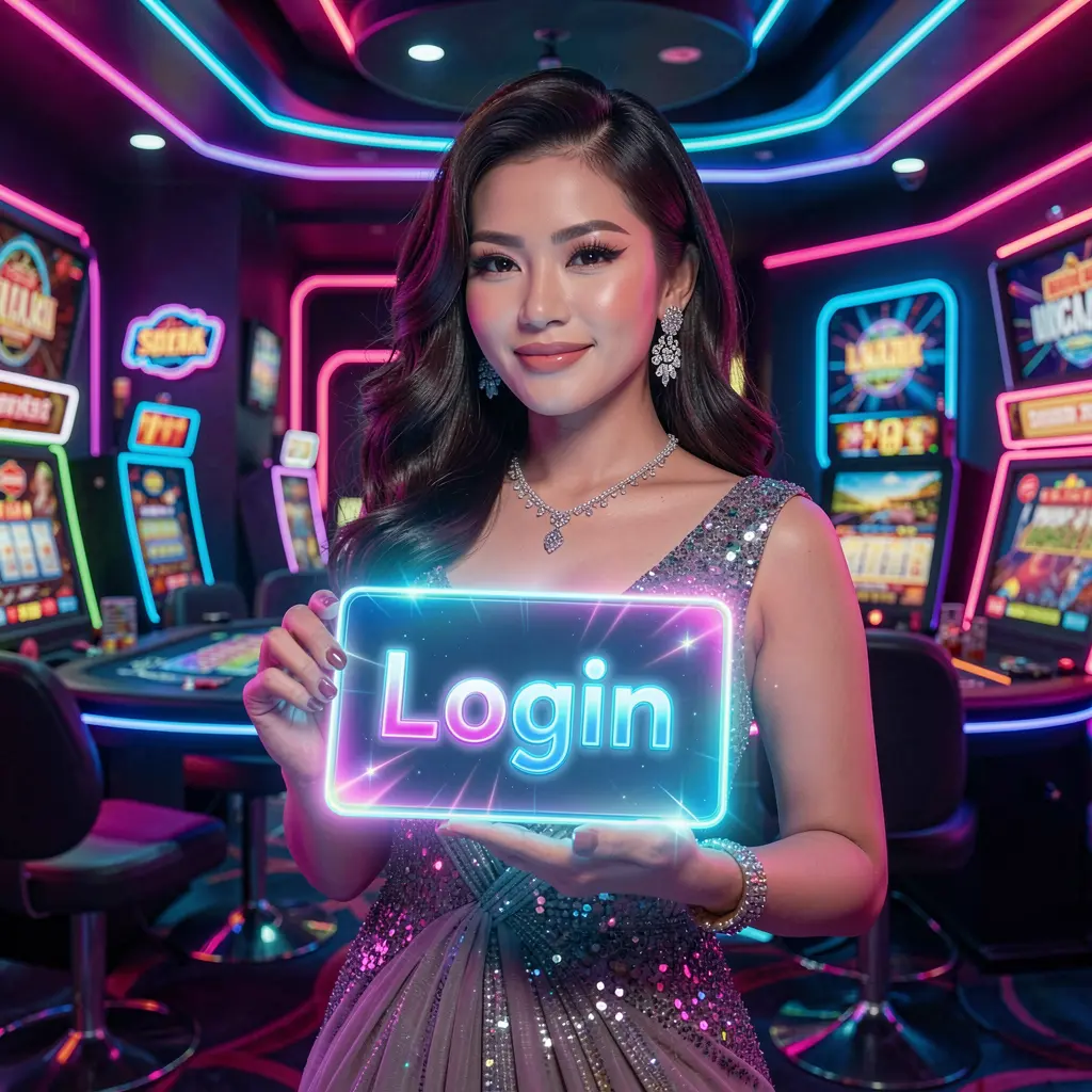 116X Login – Safe and smooth sign in experience for Indonesian players Stylish Indonesian casino hostess holding a bright login card in a neon casino environment highlighting safe access at 116X