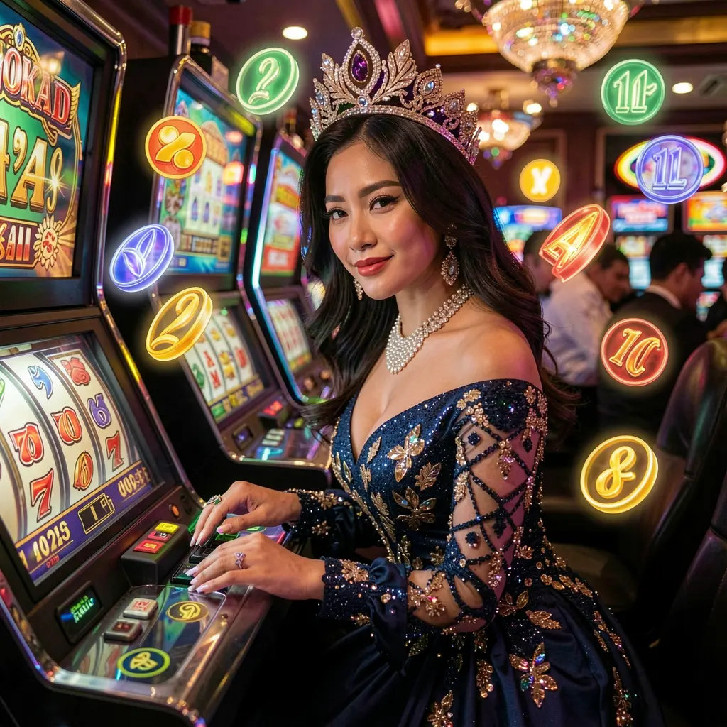 116X – Discover a world of luxury slot gaming for Indonesian players Stunning woman in a glamorous red dress surrounded by glowing slot reels and casino lights representing the premium online casino 116X in Indonesia